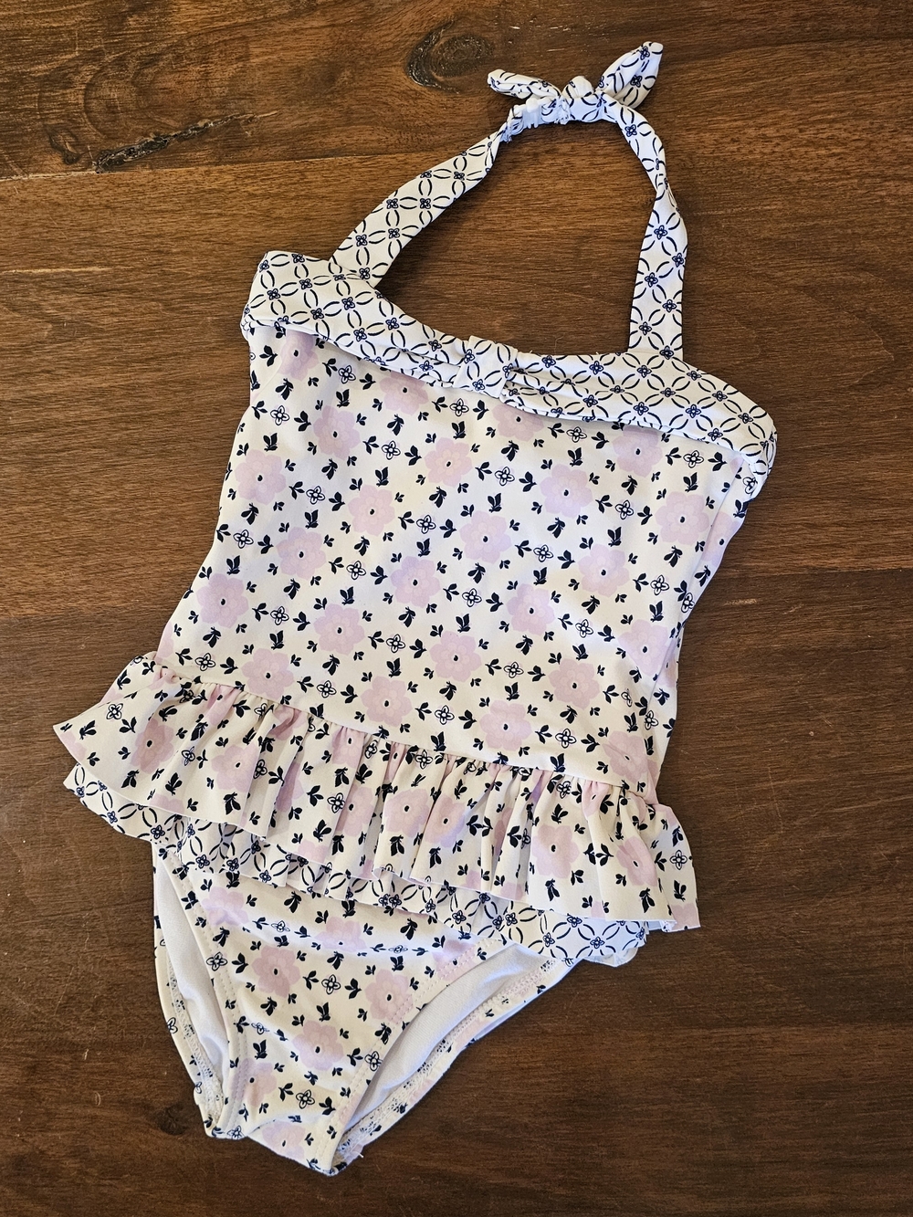 Janie & Jack Girls Pink Floral Ruffle Halter One-Piece Swimsuit Sz 3T